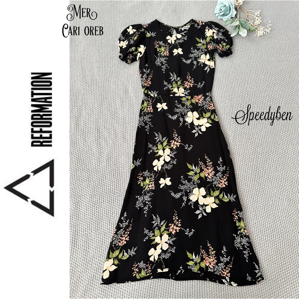 Reformation Lee Black Floral Midi Dress Size 0